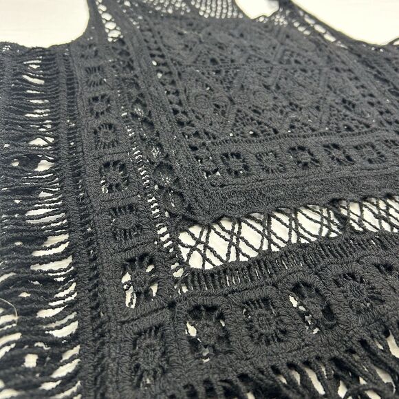 JJ Basics Crochet Tank Top Small Black Fringe Boho Hippie Y2K Beach Cotton - Picture 2 of 10